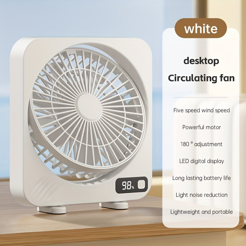 Desktop USB Fan 5-Speed with LED Battery Display, 180° Tilt Adjustment, Quiet Portable Table Fan for Home Office Bedroom Desk – Rechargeable, Black
