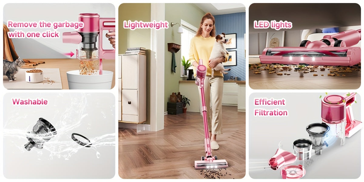 Cordless Stick Vacuum Cleaner 60Kpa Max Suction - Lightweight Rechargeable Handheld Vacuum for Hardwood Floors, Carpets & Pet Hair, Anti-Tangle Brush, 45-Min Runtime, Corded & Cordless 2-in-1