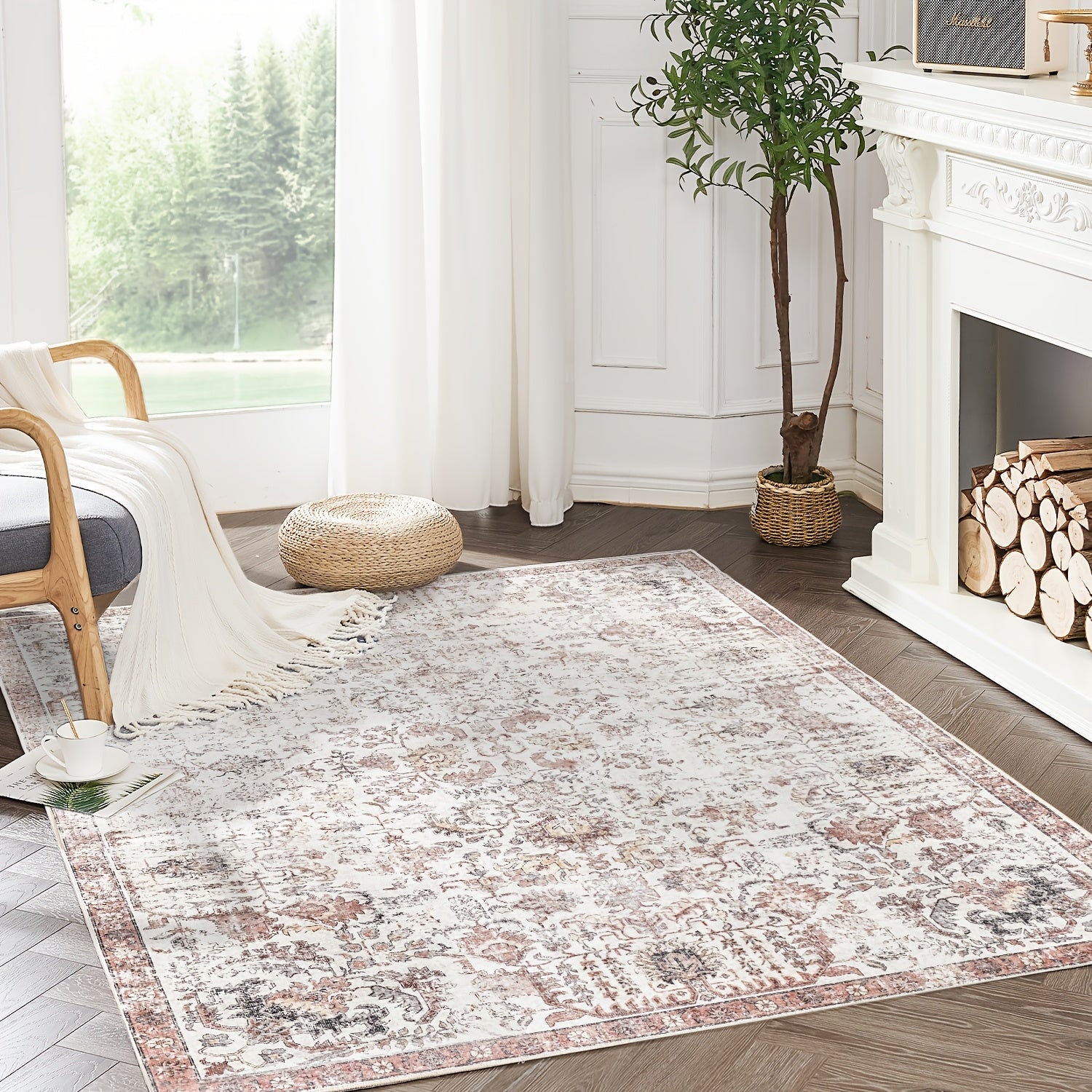 Vintage Boho Distressed Floral Area Rug – Machine Washable, Non-Slip Backing, Stain Resistant – Retro Oversized Accent Carpet for Living Room, Bedroom, Kitchen & Dining Room