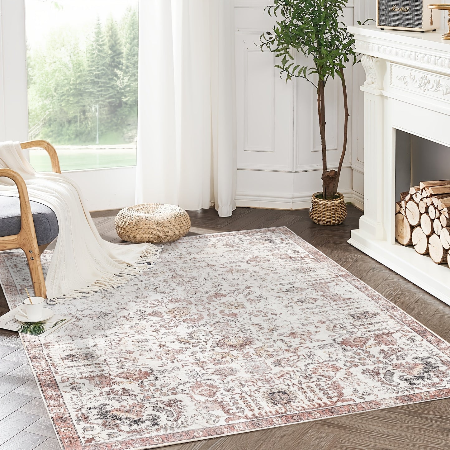 Vintage Boho Distressed Floral Area Rug – Machine Washable, Non-Slip Backing, Stain Resistant – Retro Oversized Accent Carpet for Living Room, Bedroom, Kitchen & Dining Room