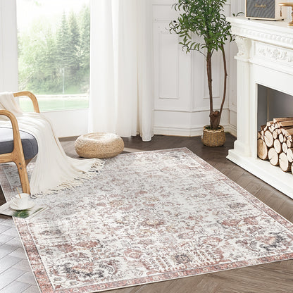 Vintage Boho Distressed Floral Area Rug – Machine Washable, Non-Slip Backing, Stain Resistant – Retro Oversized Accent Carpet for Living Room, Bedroom, Kitchen & Dining Room