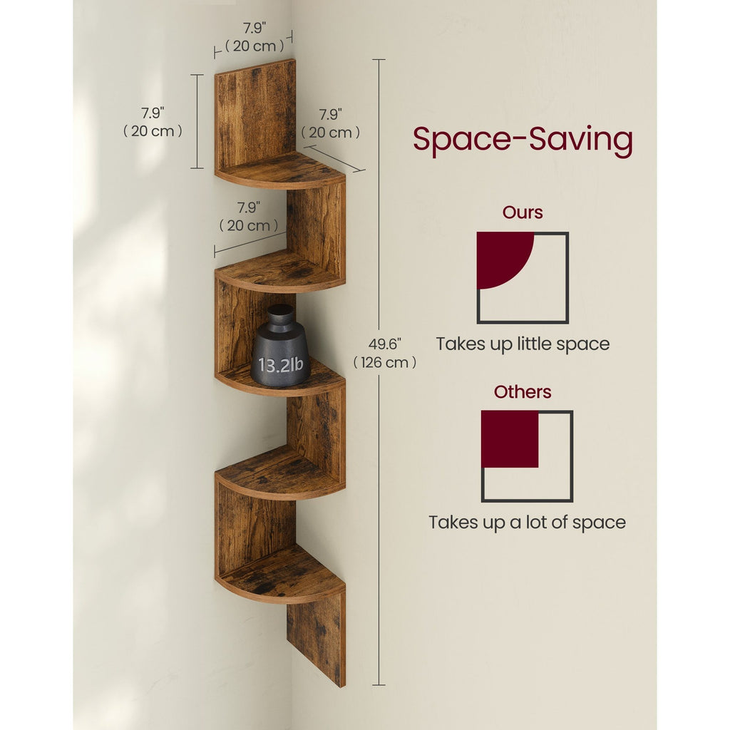 Corner Shelf, 5-Tier Floating Wall Shelf with Zigzag Design, Bookshelf, Rustic Brown