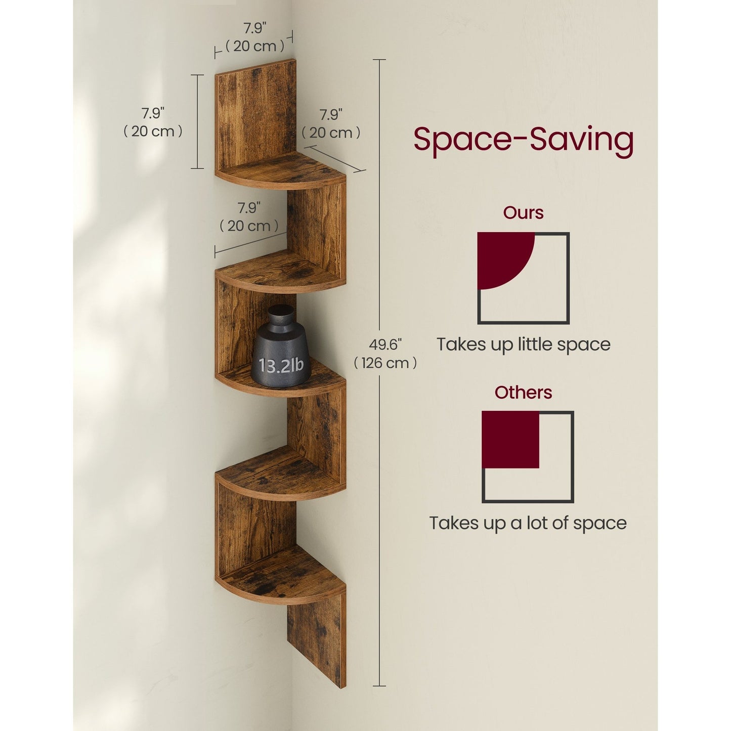 5-Tier Corner Floating Wall Shelf with Zigzag Design – Rustic Brown Bookshelf, 7.9"x7.9"x49.6", 33 lb Capacity, Scratch-Resistant for Living Room Bedroom Office