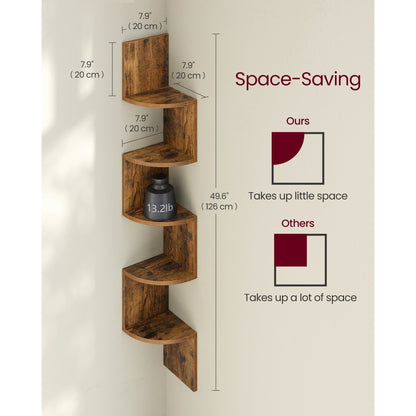 5-Tier Corner Floating Wall Shelf with Zigzag Design – Rustic Brown Bookshelf, 7.9"x7.9"x49.6", 33 lb Capacity, Scratch-Resistant for Living Room Bedroom Office