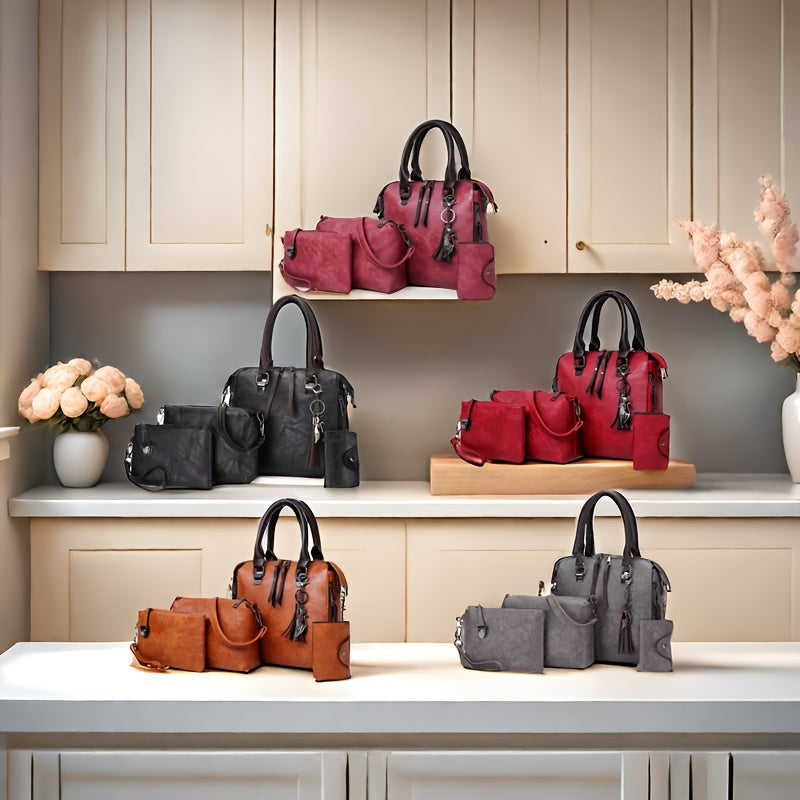 Fashionable And Versatile 4pcs Women'S Bag Set, Retro Tote Bag, Crossbody Shoulder Bag, Handbag, Wallet, Oil Wax PU Tassel Tote Bag, Meeting The Needs of Daily Commuting, Travel, for Best Birthday Gifts, Christmas And Valentine'S Day Gifts