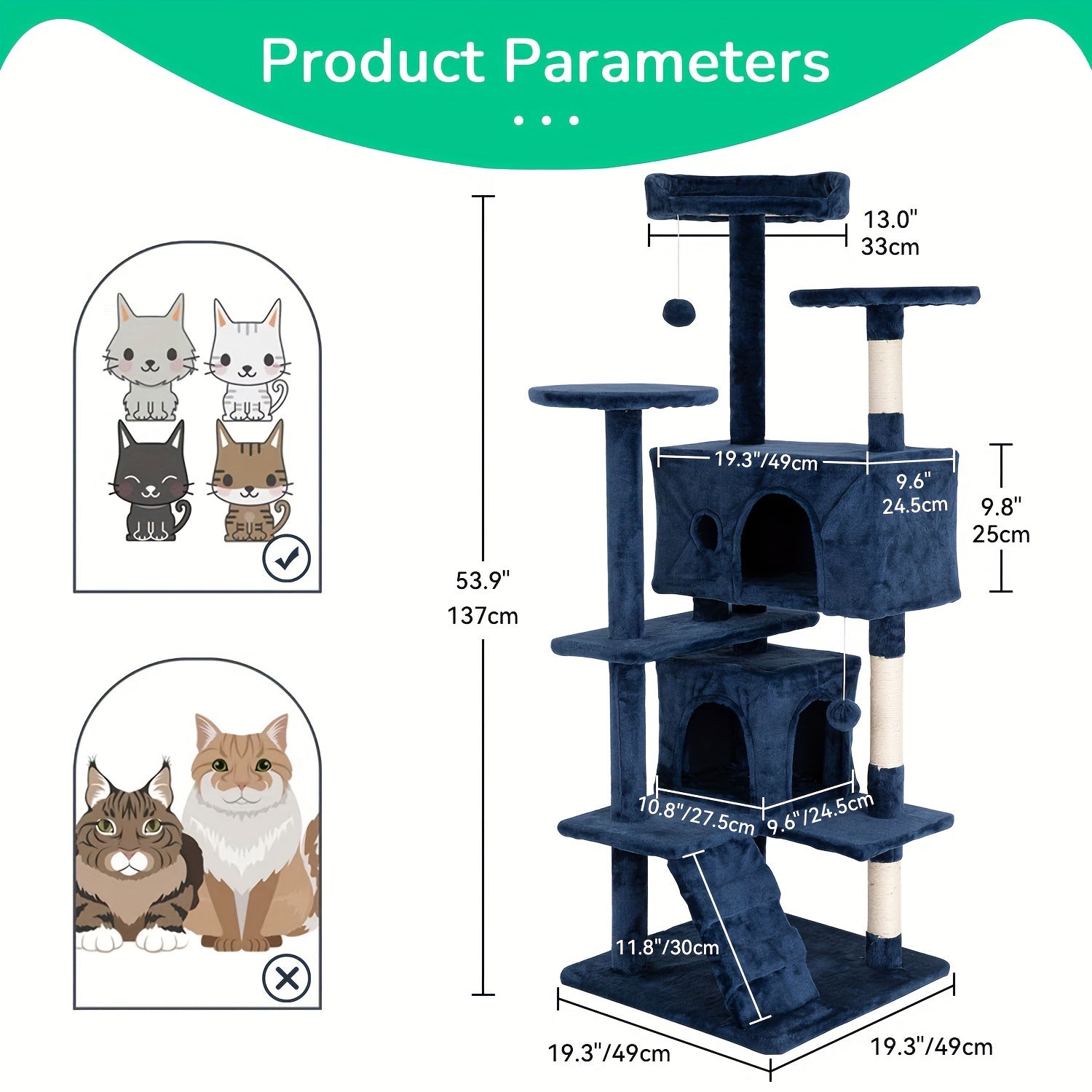 Cat Tree 54-Inch Multi-Level Indoor Cat Tower – House-Style Cat Condo with Scratching Posts, Activity Center & Playful Toys for Indoor Cats
