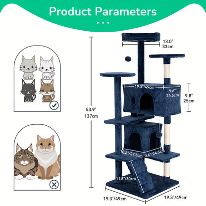 Cat Tree 54-Inch Multi-Level Indoor Cat Tower – House-Style Cat Condo with Scratching Posts, Activity Center & Playful Toys for Indoor Cats