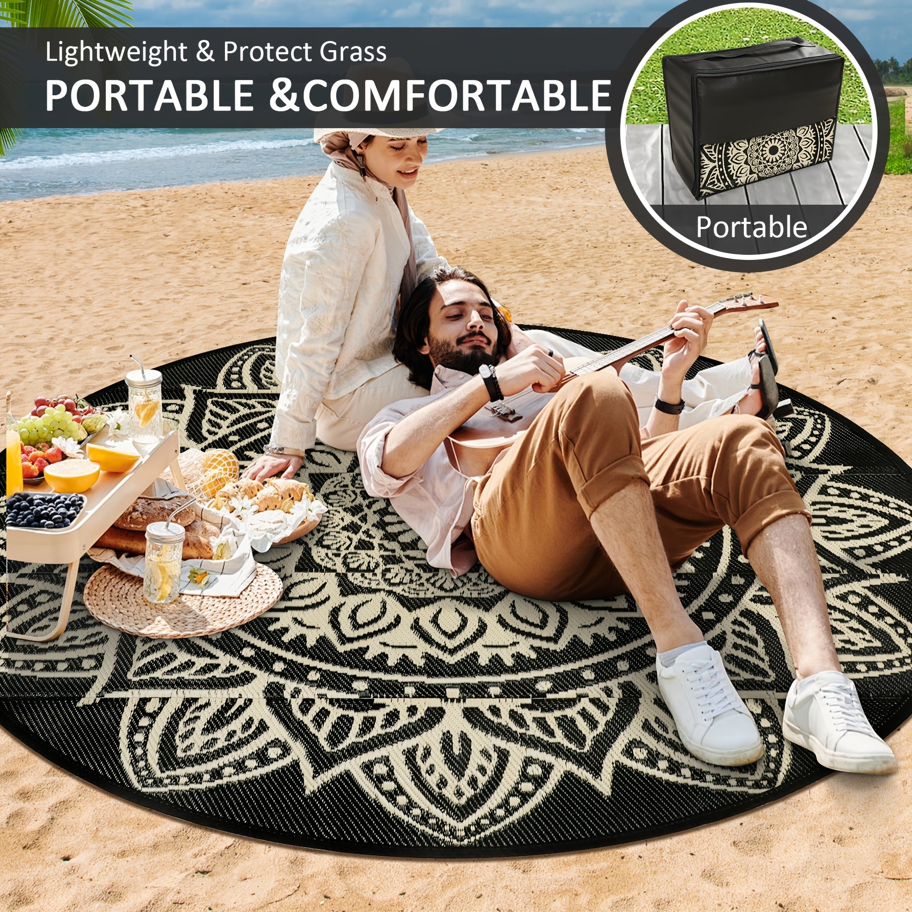 Round Boho Outdoor Rug Reversible Circle Patio Carpet – Lightweight Portable Outdoor Area Rug for Patio, Balcony, Camping & Backyard, Bohemian Style Weatherproof Floor Mat