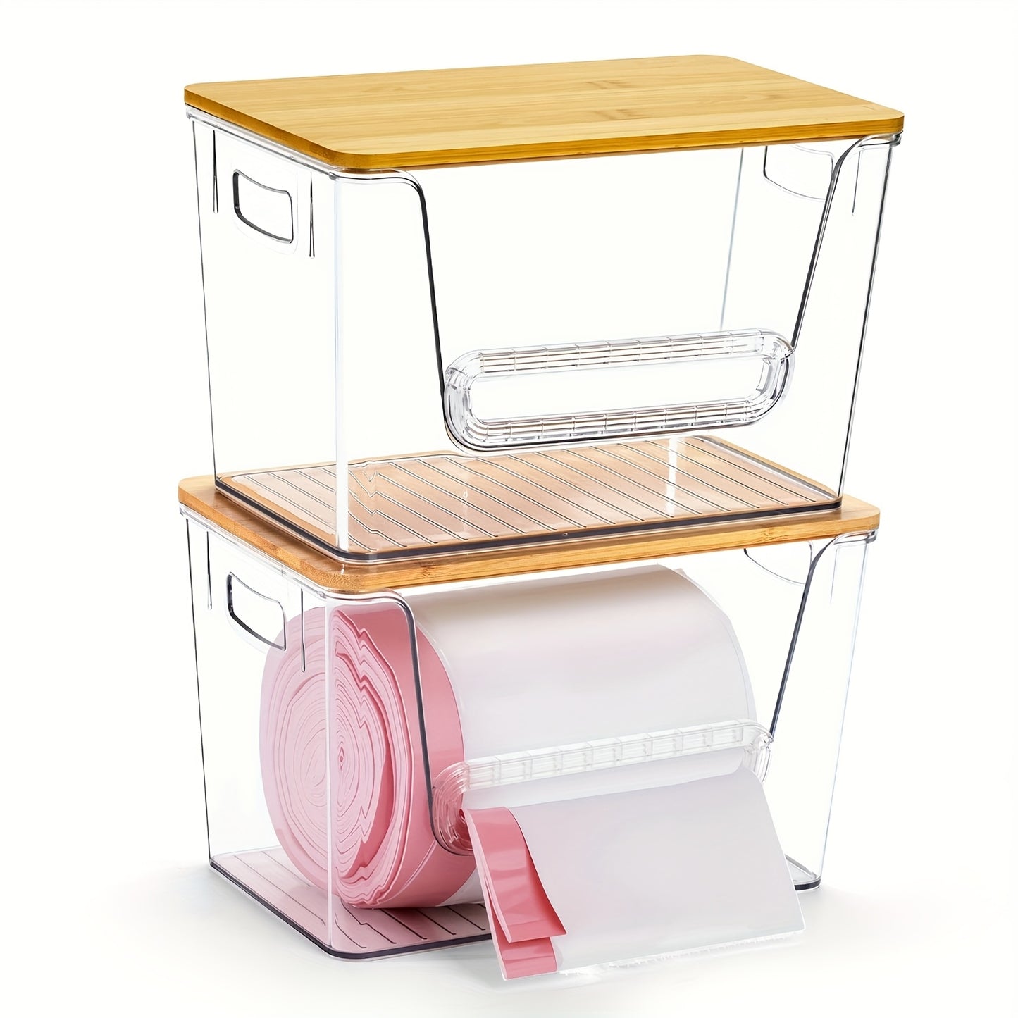 Clear Acrylic Stackable Trash Bag Dispenser with Bamboo Lid – Extra-Large Trash Bag Holder & Kitchen Organizer for Under-Sink, Laundry Room, Pantry & Cabinet Storage – 1, 2 or 4 Pack