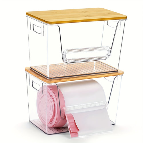 Clear Acrylic Stackable Trash Bag Dispenser with Bamboo Lid – Extra-Large Trash Bag Holder & Kitchen Organizer for Under-Sink, Laundry Room, Pantry & Cabinet Storage – 1, 2 or 4 Pack