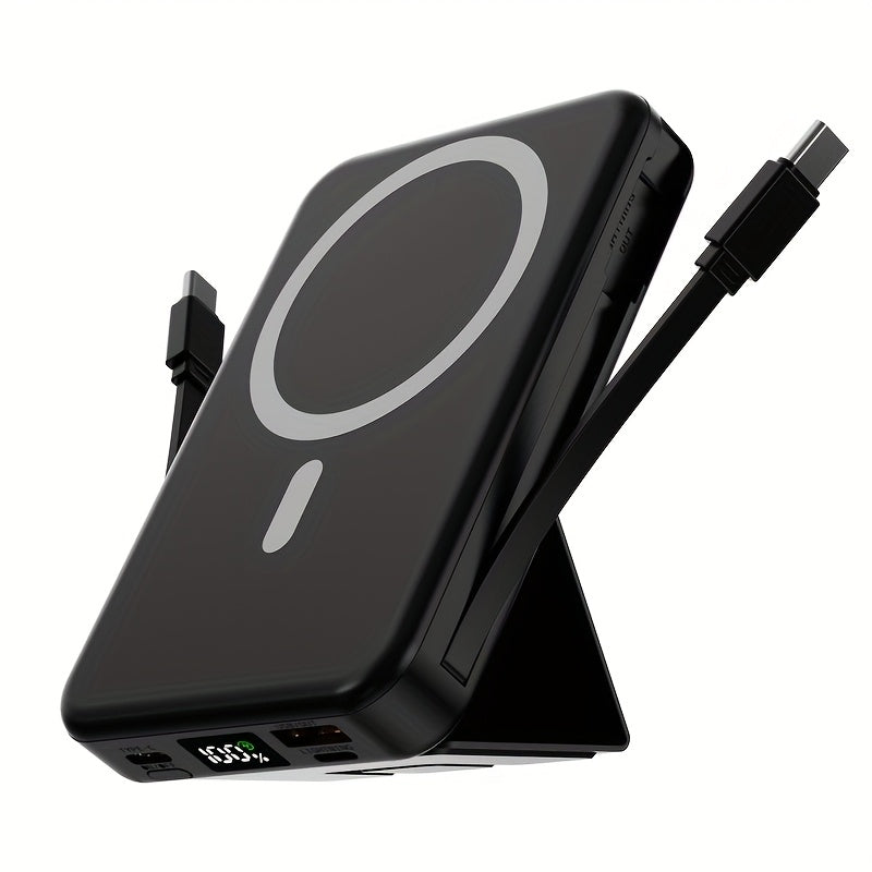 10000mAh Magnetic Power Bank with Digital Screen & Built-in Dual Cables - Charge 5 Devices Simultaneously, Portable USB Fast Charging Battery Pack with Stand, Compatible with iPhone 15 Pro Max iPad