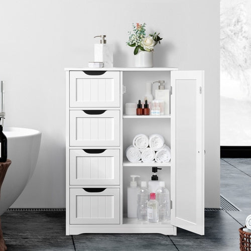 Freestanding Wooden Bathroom Cabinet with 4 Drawers & Cupboard, Modern Storage Organizer for Kitchen Living Room Entryway, Multi-Tier Freestanding Furniture for Home, White Gray, Canada