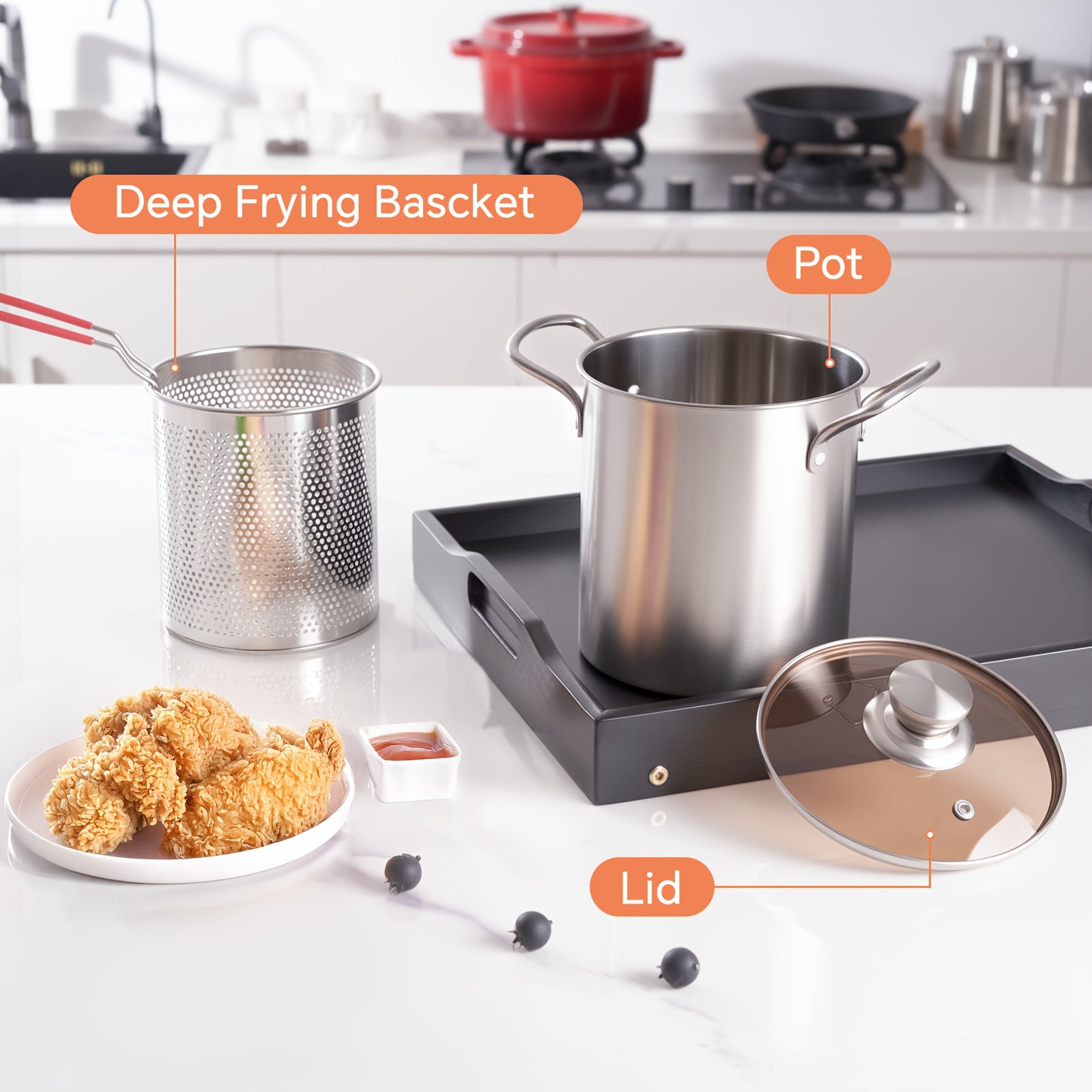 9.4" Stainless Steel Frying Pan with a Thermometer, Compatible with Both Gas Stove And Induction Cooker, Japanese-Style, Large Capacity, Precise Temperature Control, And Healthy Oil Drainage, Suitable for Frying Food in The Kitchen