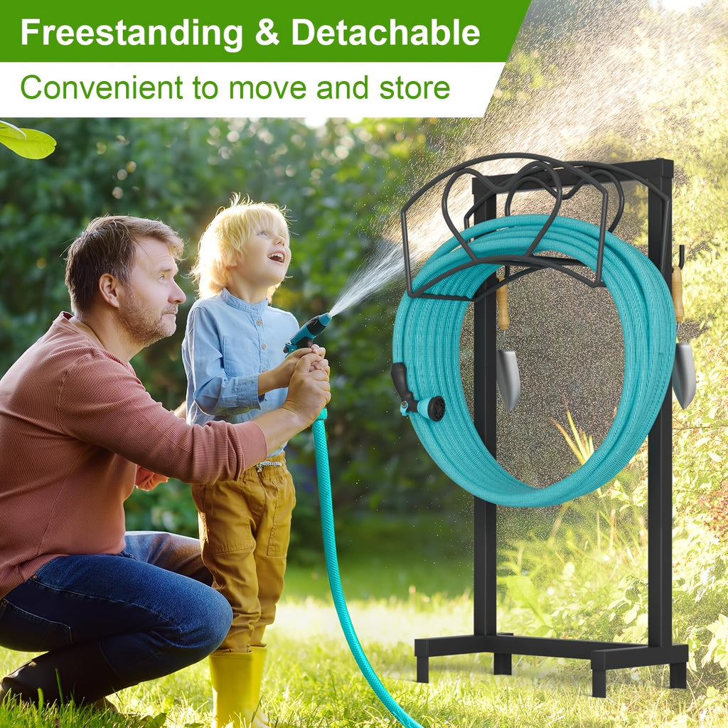 Freestanding Garden Hose Holder with 4 Ground Spikes, Sturdy Detachable Water Hose Reel Rack for Outdoor Use, Space-Saving Hose Stand for Yard, Lawn & Garden, Rust-Resistant Black Finish