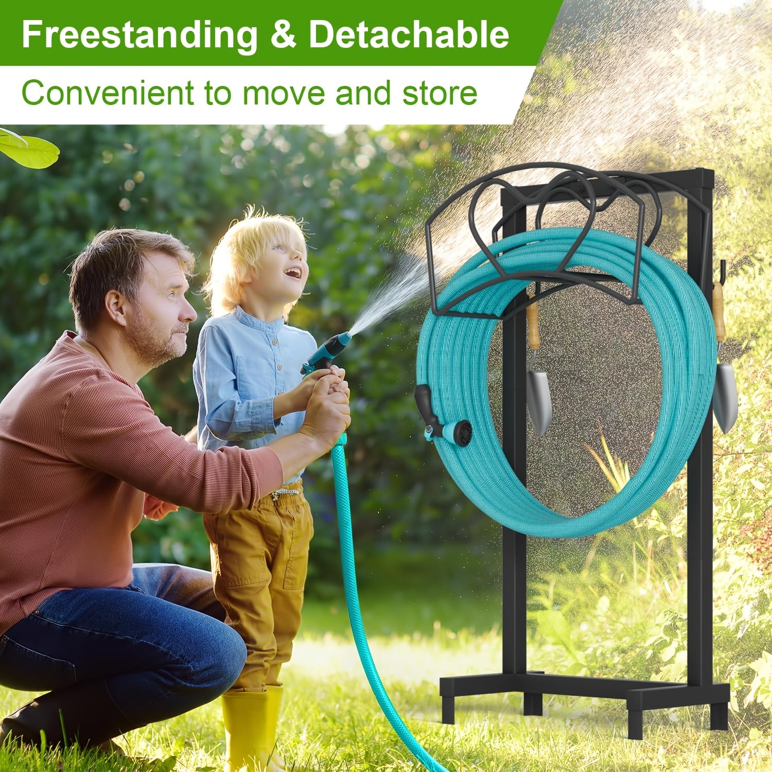 Freestanding Garden Hose Holder with 4 Ground Spikes, Sturdy Detachable Water Hose Reel Rack for Outdoor Use, Space-Saving Hose Stand for Yard, Lawn & Garden, Rust-Resistant Black Finish