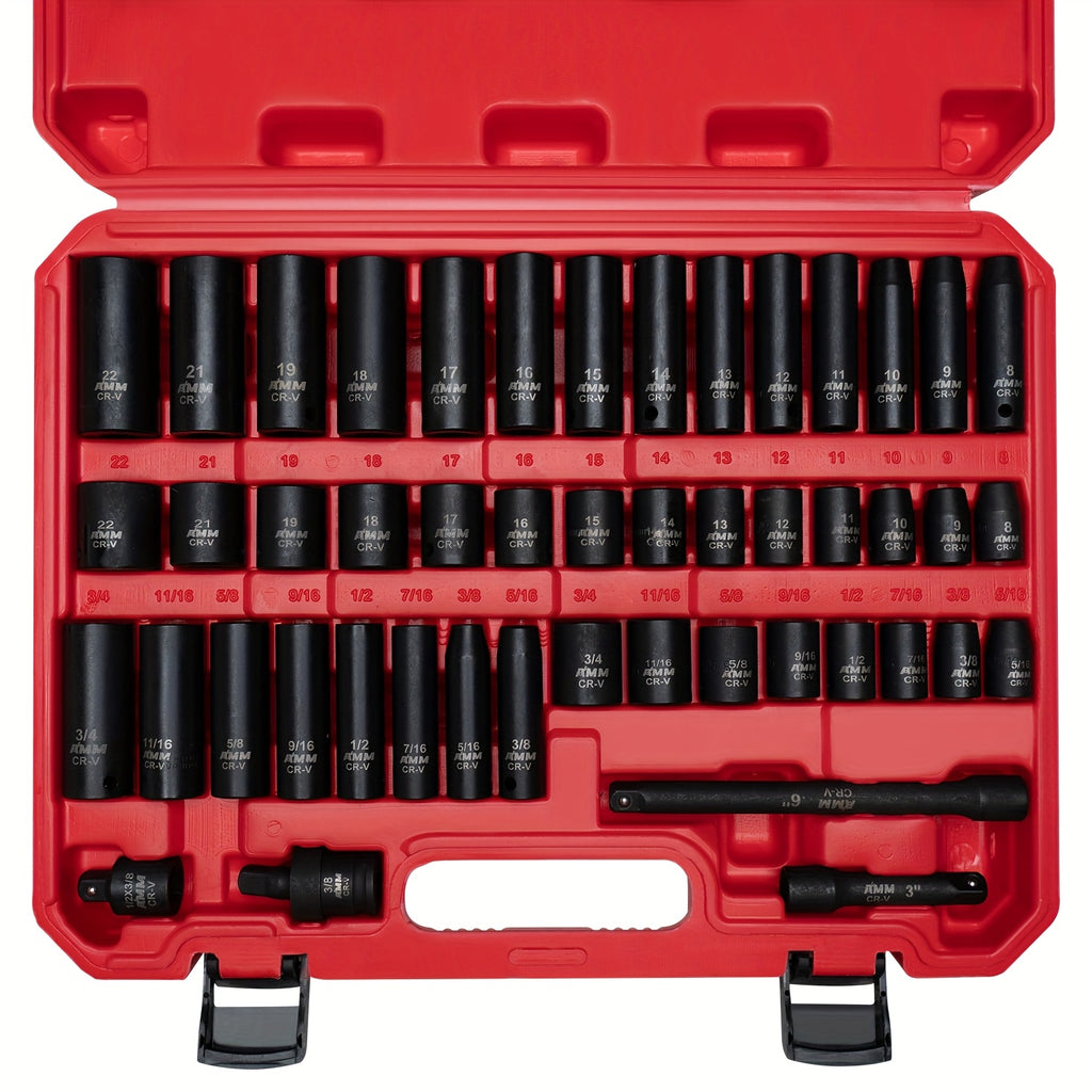 AMM 3/8" Drive Impact Socket Collection, 48pcs Standard SAE (5/16 to 3/4 Inch) And Metric (8-22Mm) Sizes, Includes 3" And 6" Drive Extension Bars, Impact Universal Joint, 3/8" to 1/2" Impact Adapter, CR-V
