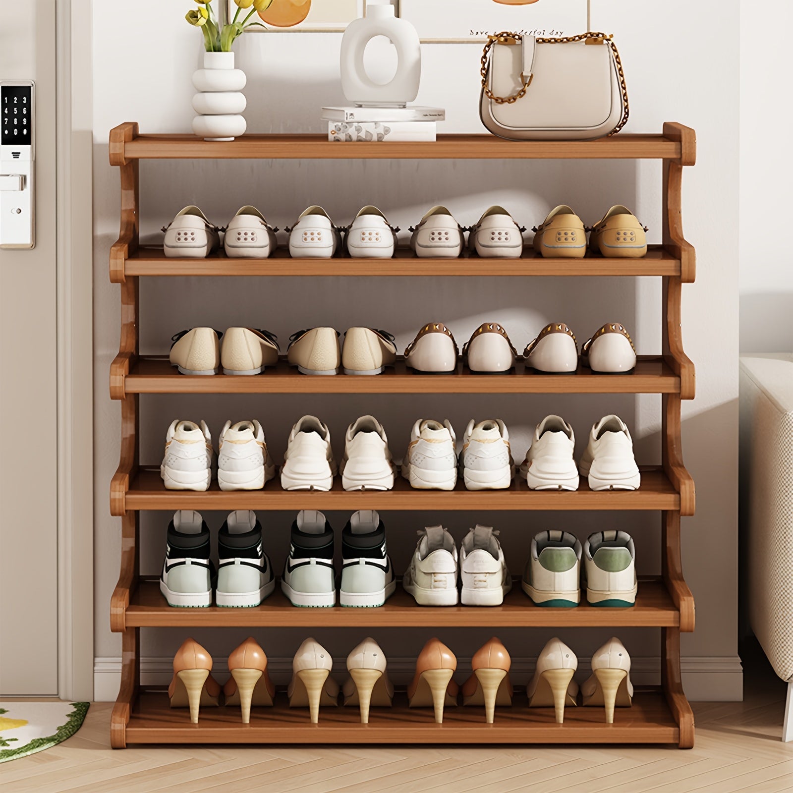 1pc Bamboo Shoe Rack | Wood Grain Decoration Shoe Storage Organizers, 3/5/6 Layers Storage Rack, Easy to Assemble, Space Saving | Shoe Shelf for Front Door Entrance, Entryway, Living Room, Bedroom, Garags