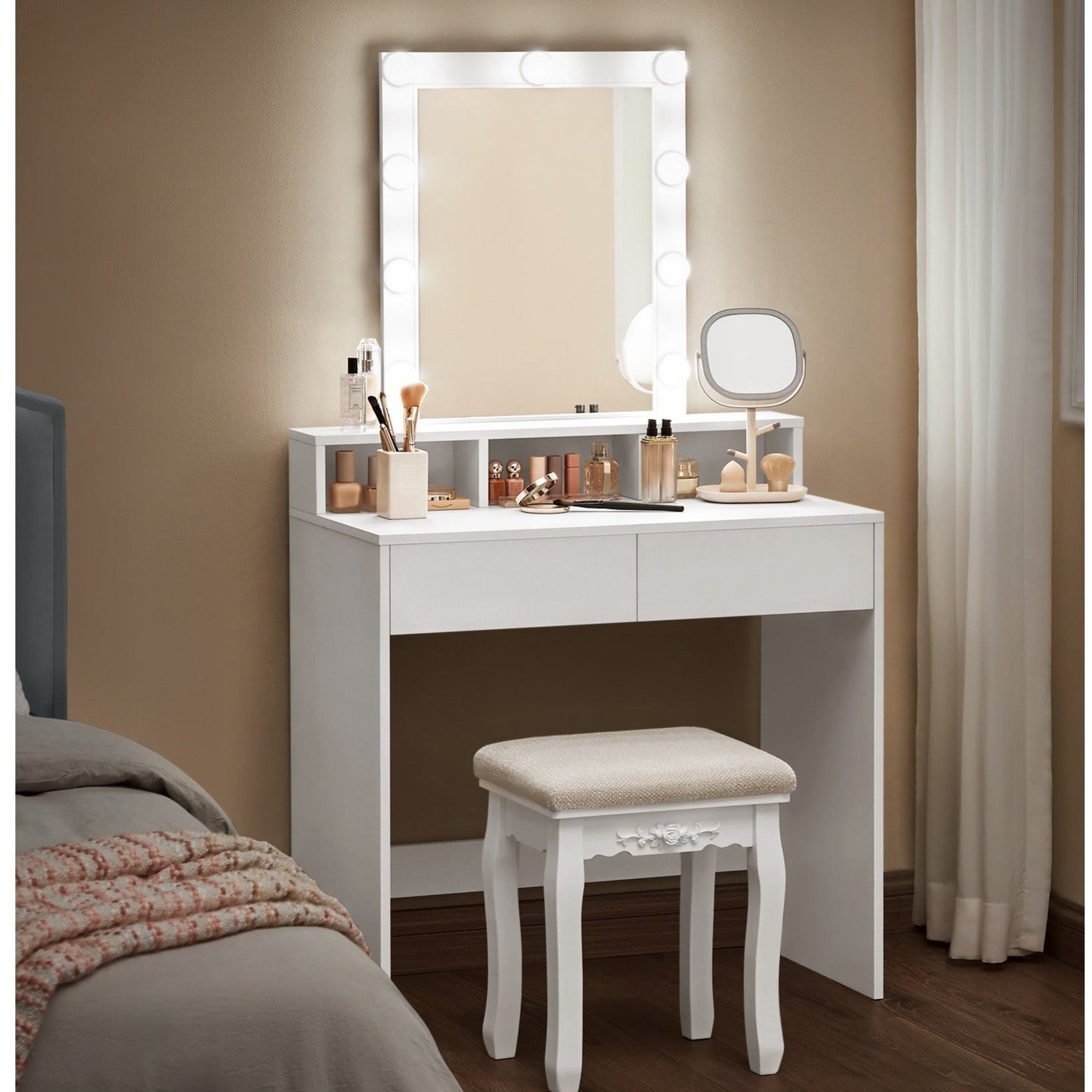 Vanity Desk with Mirror, Makeup Vanity Table with Lights, Adjustable Brightness, 31.5-Inch Wide Makeup Desk with 2 Drawers, 3 Storage Compartments, for Bedroom, Modern, White