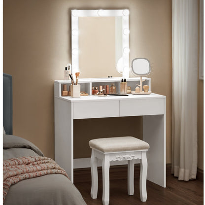 Lighted Vanity Desk with Mirror 31.5" Wide – Makeup Table with 9 Adjustable Brightness Bulbs, 2 Drawers & 3 Storage Compartments, Anti-Tip Kit, Modern White Dressing Table for Bedroom