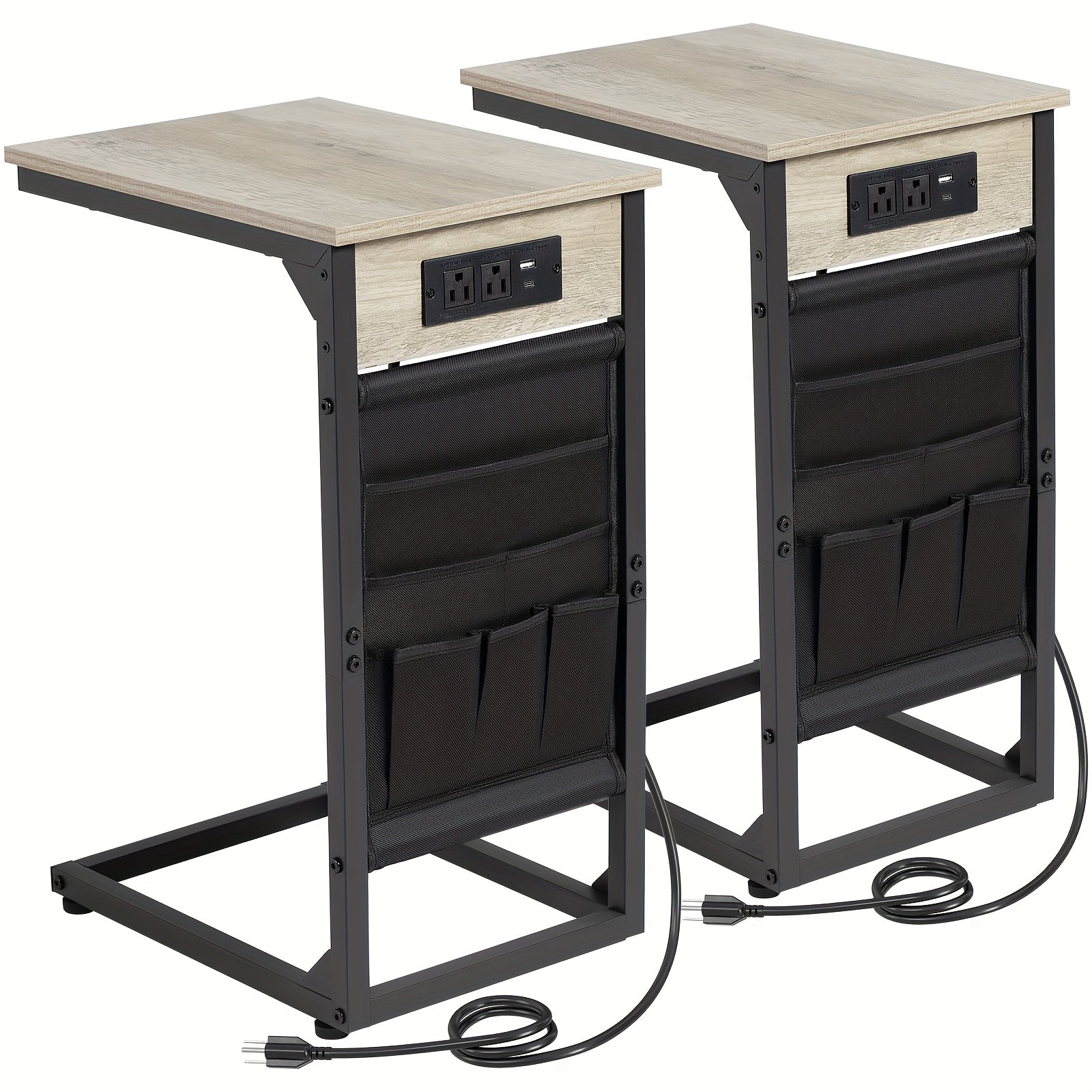 C Table Set of 2 with Charging Station & Storage Bag – Slide Under Sofa Side Table with 2 USB Ports & 2 Outlets, TV Tray Couch End Tables for Living Room