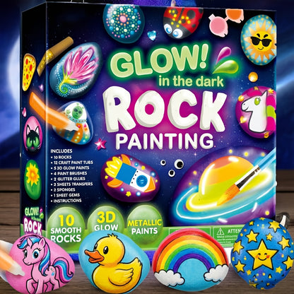 Rock Painting Kit for Kids 90+ Pieces with Glow in the Dark Paints – Arts & Crafts Set for Ages 6+, Creative DIY Gift for Boys & Girls, Birthday, Easter & Christmas