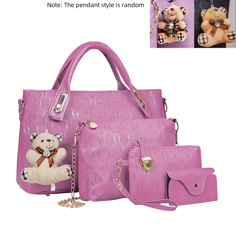 Embossed Women's 4-Piece Bag Set – Large Capacity Tote, Shoulder Crossbody Handbag with Bear Pendant | Retro Casual Style for Daily Commuting, Travel & Birthday Gifts | 9 Colours