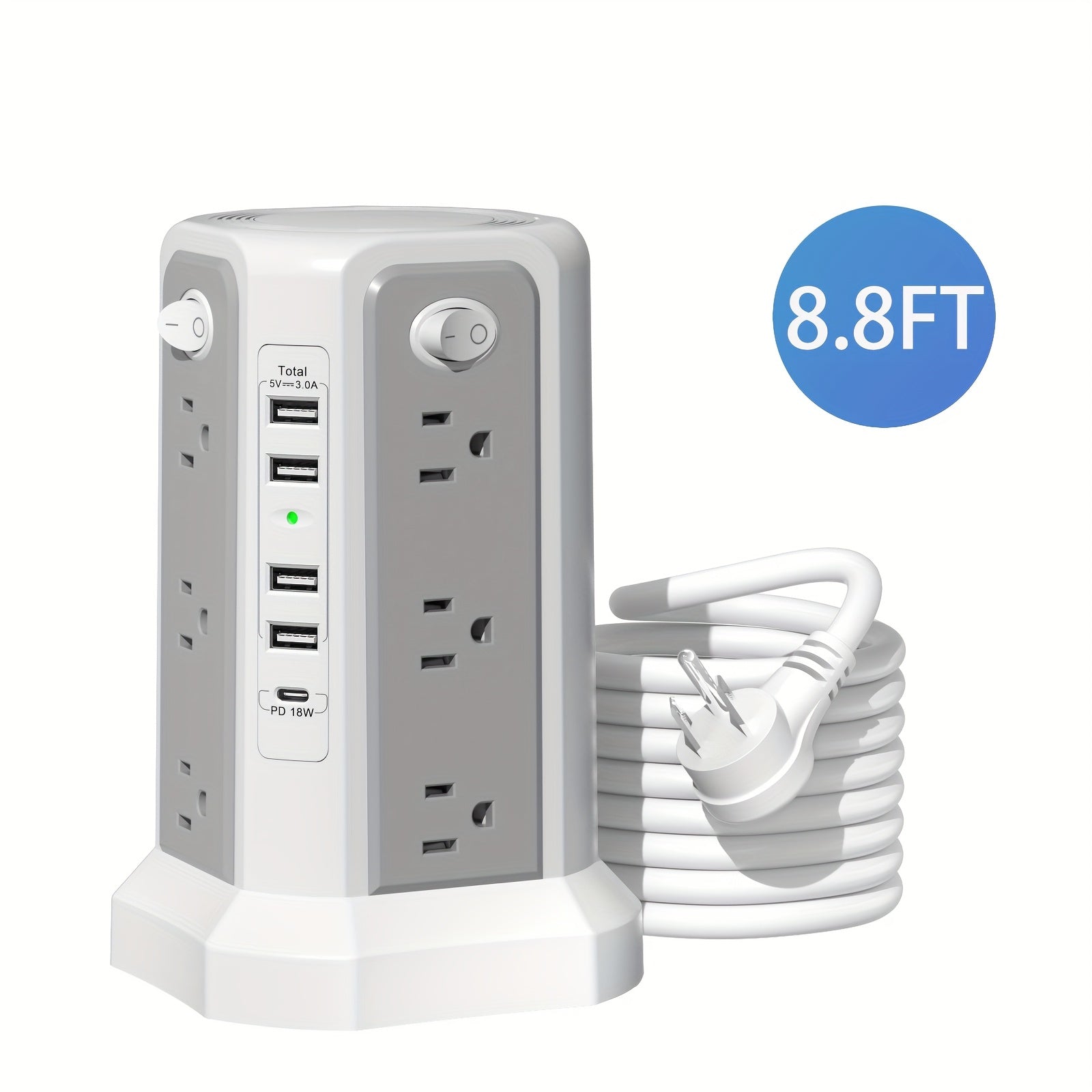 Tower Surge Protector Power Strip 17-in-1 – 8.8FT Extension Cord, 12 AC Outlets, 5 USB Ports with PD 18W USB-C, Surge Protection for Home Office Dorm & Business, Grey