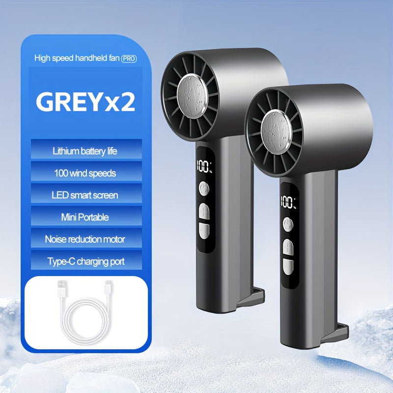 2pcs USB Rechargeable Handheld Fan Small Portable Desktop Fan Adjustable 1 to 100 Wind Power Display Power Summer Camping Travel Outdoor Indoor Tools, Long Press Infinite Speed Regulation, 1800mAh Battery, 180g, Lightweight And Convenient, Grey&White