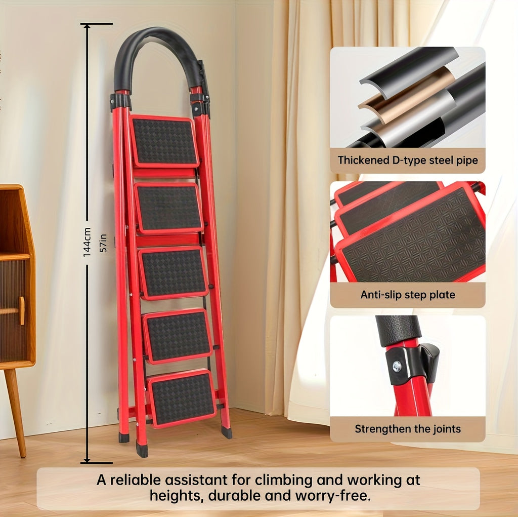 550 Heavy-Duty 3/4/5-Step Folding Ladder - Heavy-Duty A-Frame Metal Ladder with Thickened Non-Slip Iron Steps, Wide Base And Locking System, 3/4/5-Section Foldable Design for Home - 550 Weight Capacity (Use)