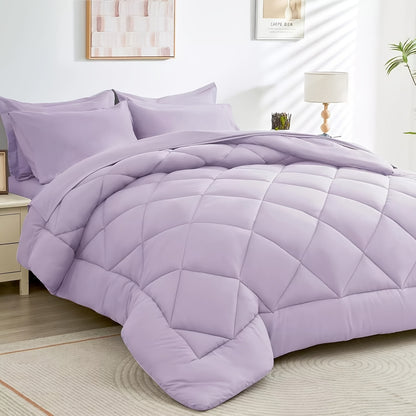 Navy Reversible Comforter Set 7pcs Queen – Fluffy Polyester Bed in a Bag, All-Season Bedding with Comforter, Fitted Sheet, Flat Sheet, Pillowcases & Shams