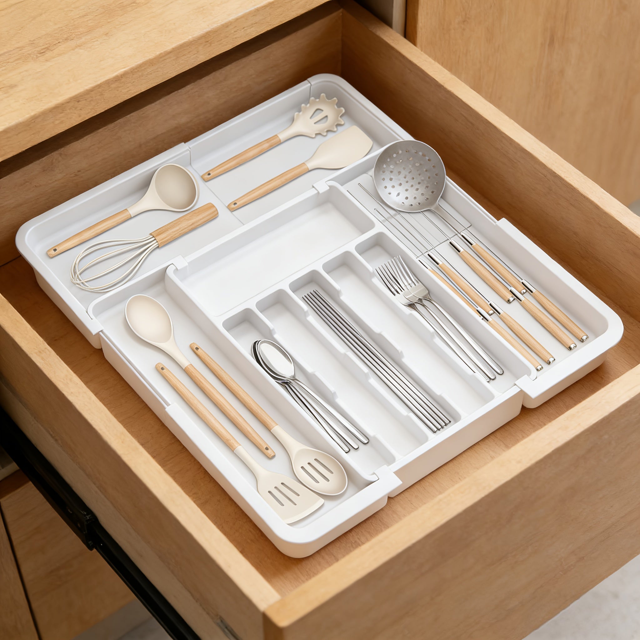 Drawer Organizer 9-Compartment Heavy-Duty Plastic – Adjustable Retractable Cutlery Storage, Knife Holder, Fork & Spoon Compartments for Kitchen Drawer – ShopVora CA