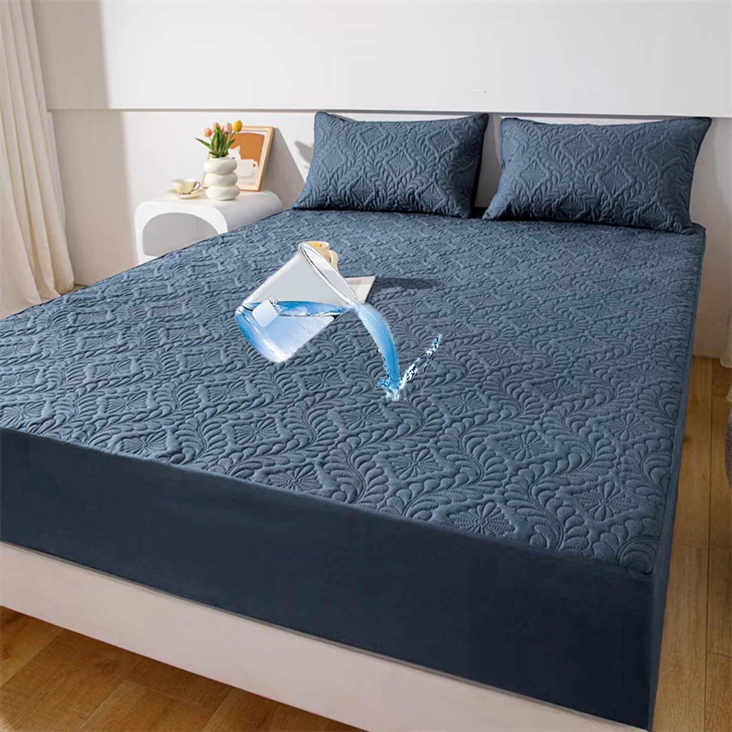 Waterproof Fitted Sheet Mattress Protector – Soft Quilted Breathable Bed Cover, Machine Washable, Fade-Resistant, Twin Full Queen King, Grey White Blue Black