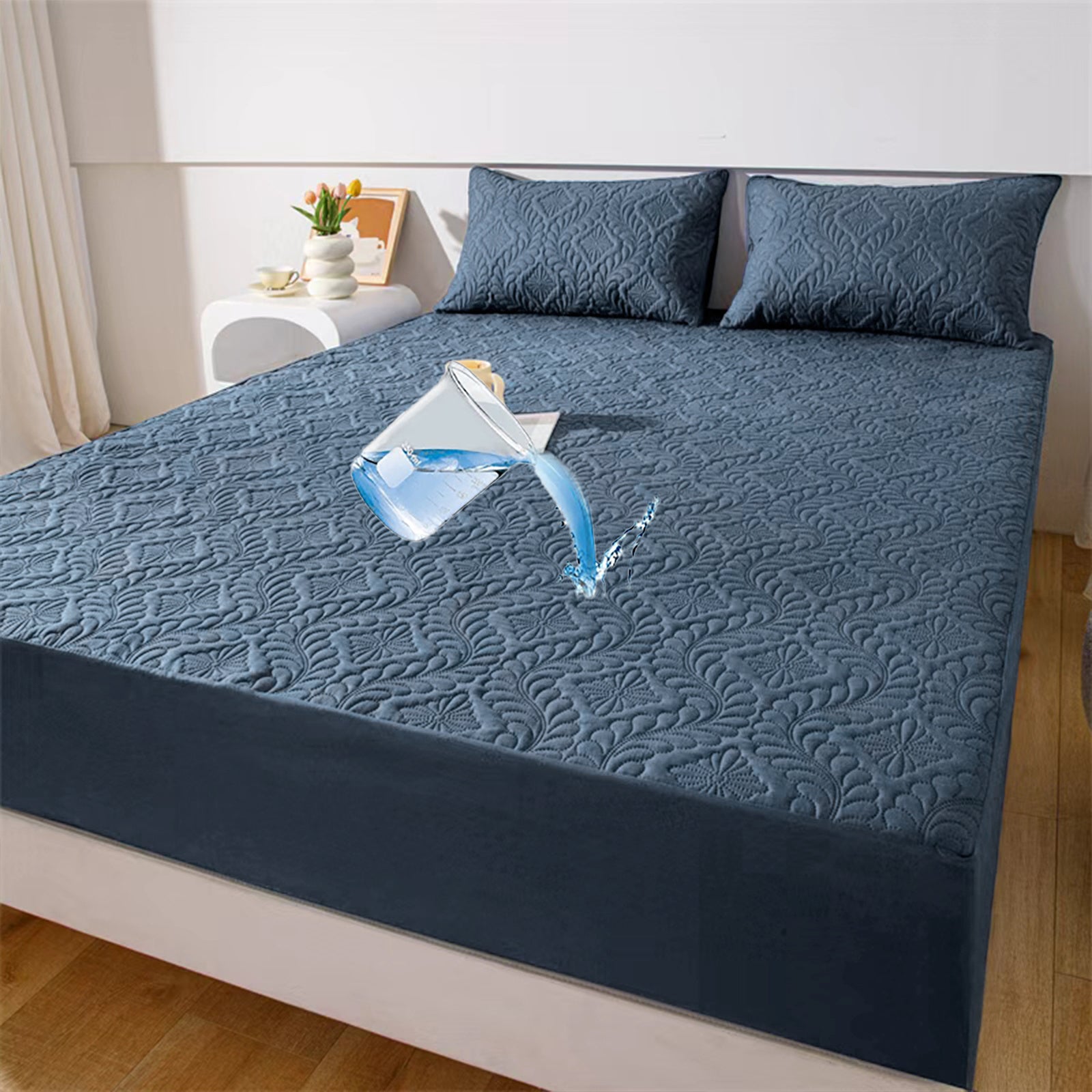 Waterproof Fitted Sheet Mattress Protector – Soft Quilted Breathable Bed Cover, Machine Washable, Fade-Resistant, Twin Full Queen King, Grey White Blue Black