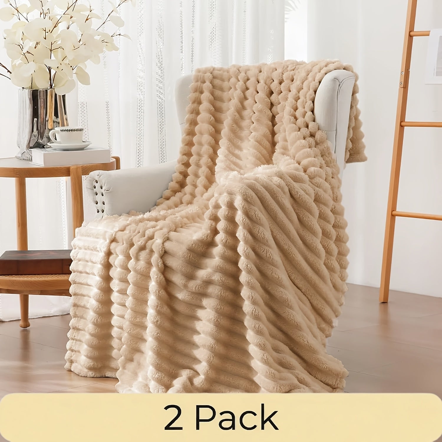 Faux Fur Rabbit Blanket Set of 2 – 260GSM Striped Luxury Plush Throw, OEKO-TEX Certified, Machine Washable, Cozy Sofa & Bed Blanket for Women & Men, Multiple Colours