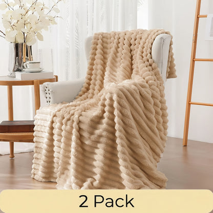 Faux Fur Rabbit Blanket Set of 2 – 260GSM Striped Luxury Plush Throw, OEKO-TEX Certified, Machine Washable, Cozy Sofa & Bed Blanket for Women & Men, Multiple Colours