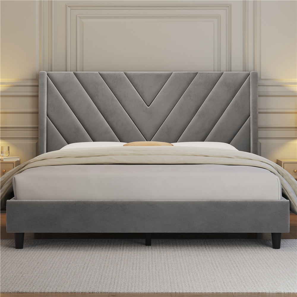 ALDEN DESIGN Upholstered Platform Bed,Upholstered Platform Bed with Wing Edge, Bed Frame with Wooden Support Slats, Upholstered Platform Bed with Tufted Headboard, Upholstered Bed with Headboard, Queen/Full,Beige/Dark Gray/Light Gray/Pink