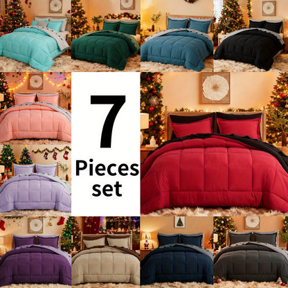 7pcs Reversible Bedding Set Soft Microfiber – Lightweight Breathable Comforter Flat Sheet Fitted Sheet & Pillowcases, All-Season Family Bedding Gift Set