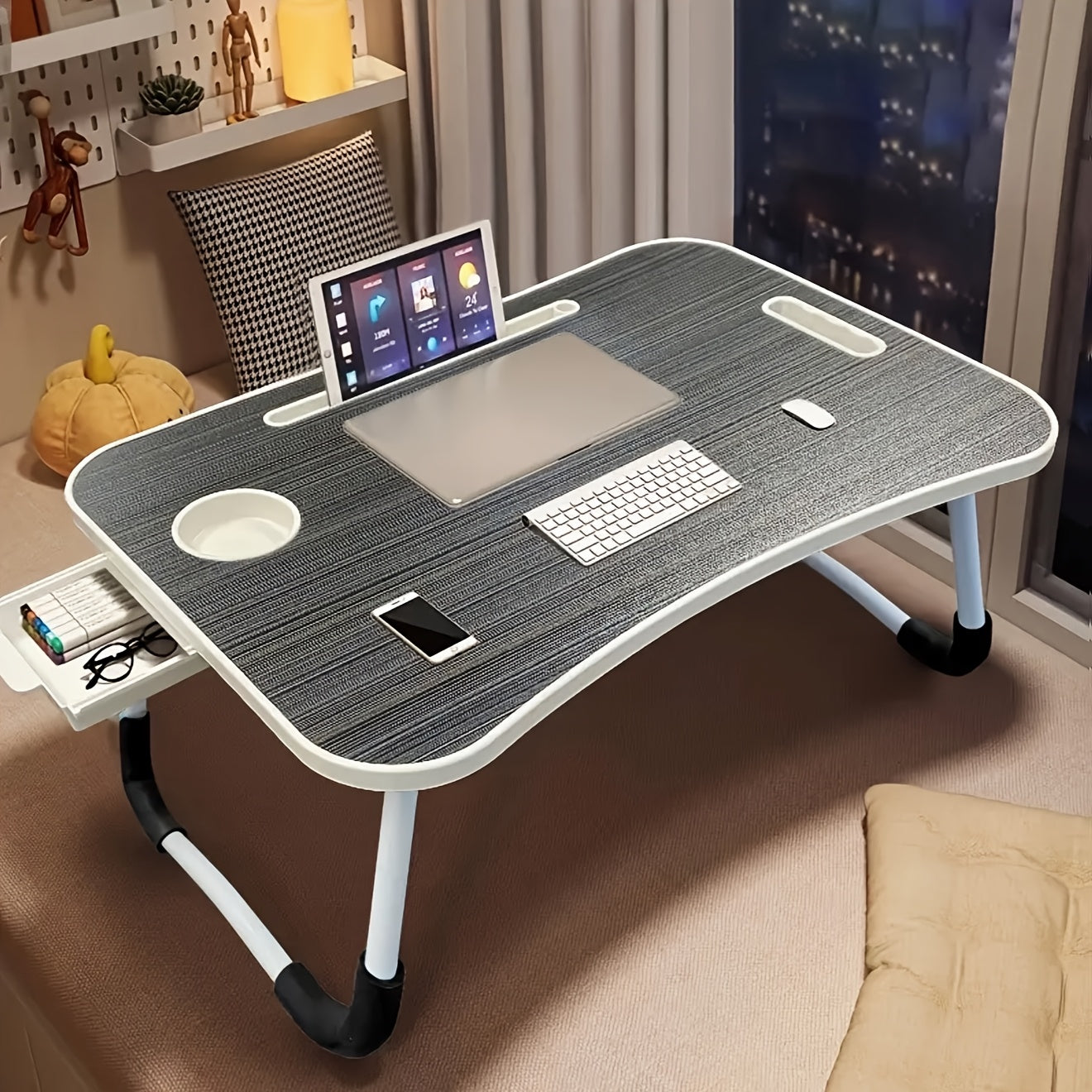 Portable Lap Desk with Cup Holder & Drawer – Extra-Large Foldable Laptop Tray Stand, Sturdy Anti-Slip Legs, Ventilated Surface, Multifunctional for Bed Sofa Floor – Pink, Black, Wood, Blue & White