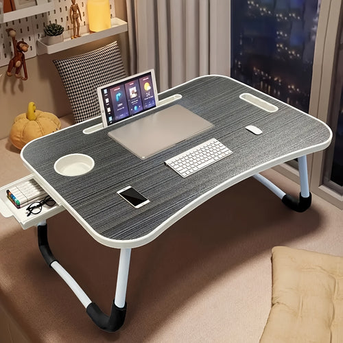 Portable Lap Desk with Cup Holder & Drawer – Extra-Large Foldable Laptop Tray Stand, Sturdy Anti-Slip Legs, Ventilated Surface, Multifunctional for Bed Sofa Floor – Pink, Black, Wood, Blue & White