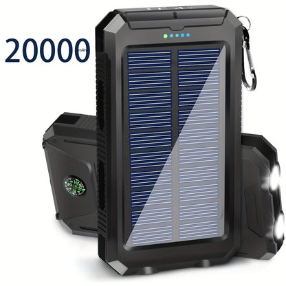 Solar Power Bank 20000mAh with Compass & LED Flashlight - Portable Outdoor Camping Phone Charger, Dual USB External Battery Pack for Hiking Backpacking Travel Emergency