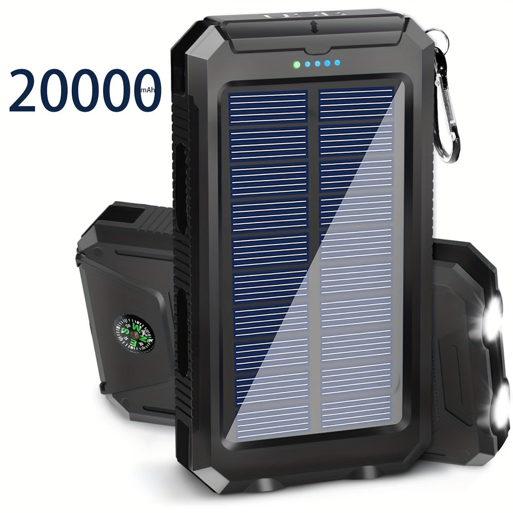 20000mAh Solar Power Bank for Camping, Dual USB Ports, LED Flashlight & Compass – Portable Solar Phone Charger External Battery for Outdoor Activities, Hiking & Emergency