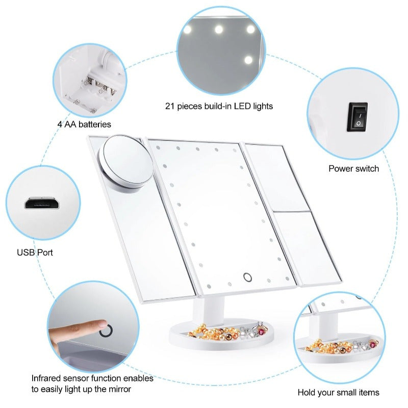 Vanity Makeup Mirror 1x/2x/3x Tri-Fold Makeup Mirror with 21 LED Lights and Adjustable Touch Screen Lighted Mirror Dressing Mirrors for Women