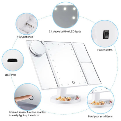 Tri-Fold LED Vanity Makeup Mirror 1x/2x/3x Magnification – 21 LED Lights, Touch Dimmer, 180° Rotation – Lighted Dressing Mirror for Women – Tabletop Makeup & Travel Mirror