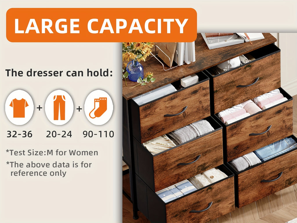 EUNOS Dresser for Bedroom with 6 Drawers, 3-Tier Wide Storage Chest of Drawers with Removable Fabric Bins for Closet Bedside Living Room Laundry Entryway Hallway