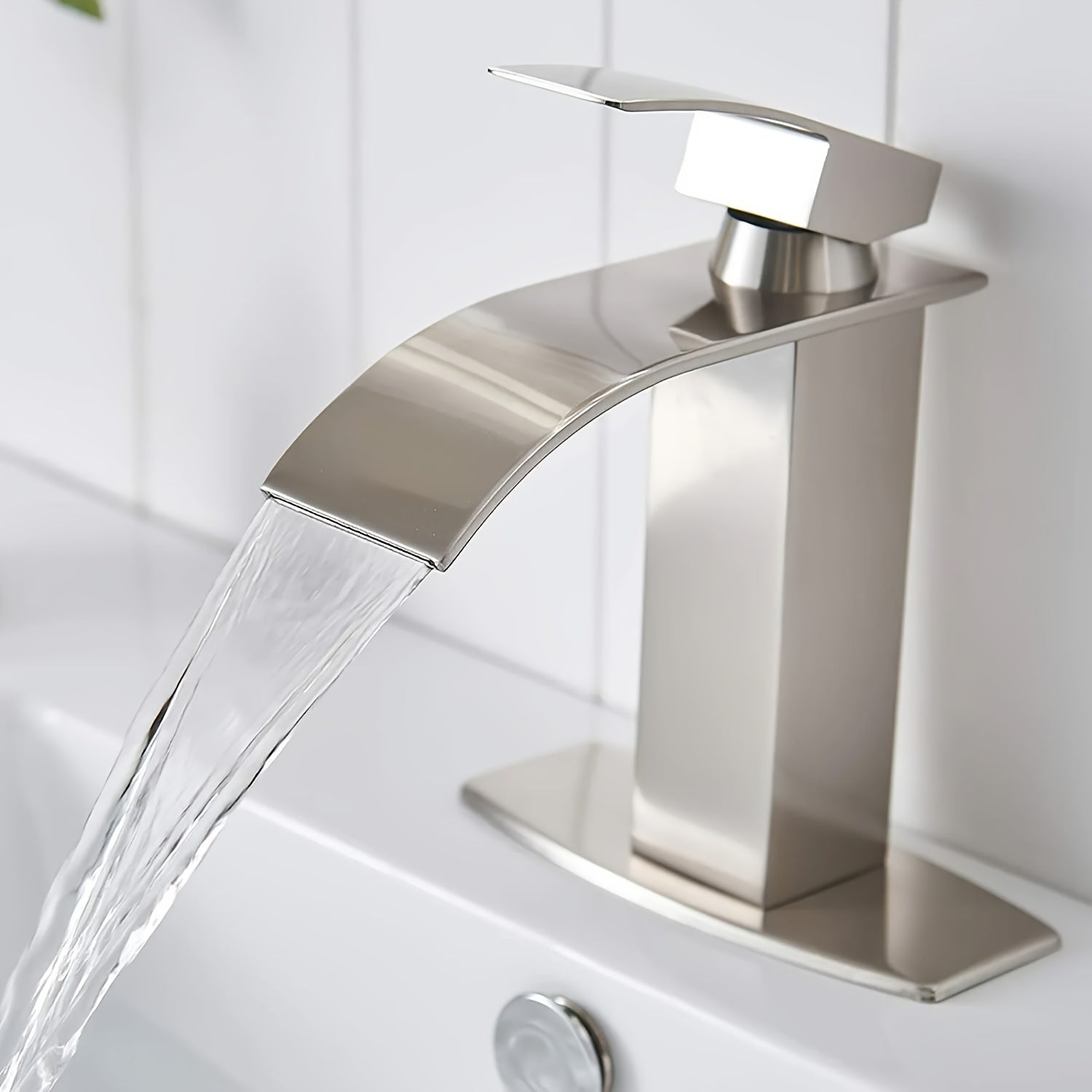 Bathroom Faucet Waterfall Bathroom Sink Faucet Single Hole 1 Or 3 Hole Mixer Tap Bathroom Vanity Faucet Farmhouse RV Bathroom Sink Faucet Set With 6" Deck Plate Deck Mount, Matte Black&Brushed Nickel&Chrome