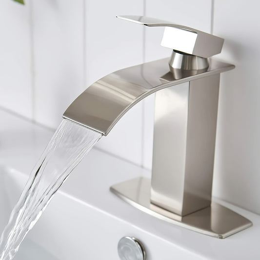 Bathroom Faucet Waterfall Bathroom Sink Faucet Single Hole 1 Or 3 Hole Mixer Tap Bathroom Vanity Faucet Farmhouse RV Bathroom Sink Faucet Set With 6" Deck Plate Deck Mount, Matte Black&Brushed Nickel&Chrome