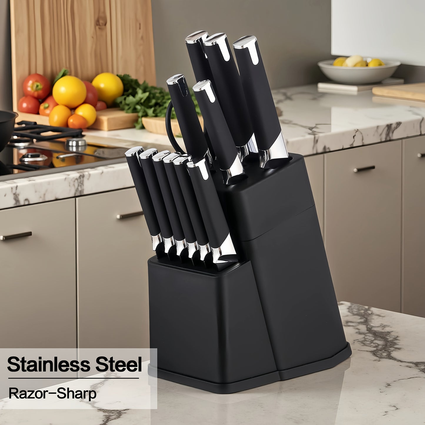 13-Piece Kitchen Knife Set with Block & Holder – 6 Steak Knives, Chef Knife, Bread Knife & Scissors Included – Sharp Stainless Steel Blades – Housewarming Gift for Home Cooks