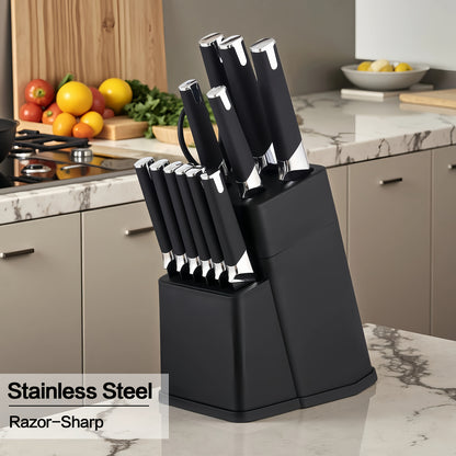 13-Piece Kitchen Knife Set with Block & Holder – 6 Steak Knives, Chef Knife, Bread Knife & Scissors Included – Sharp Stainless Steel Blades – Housewarming Gift for Home Cooks