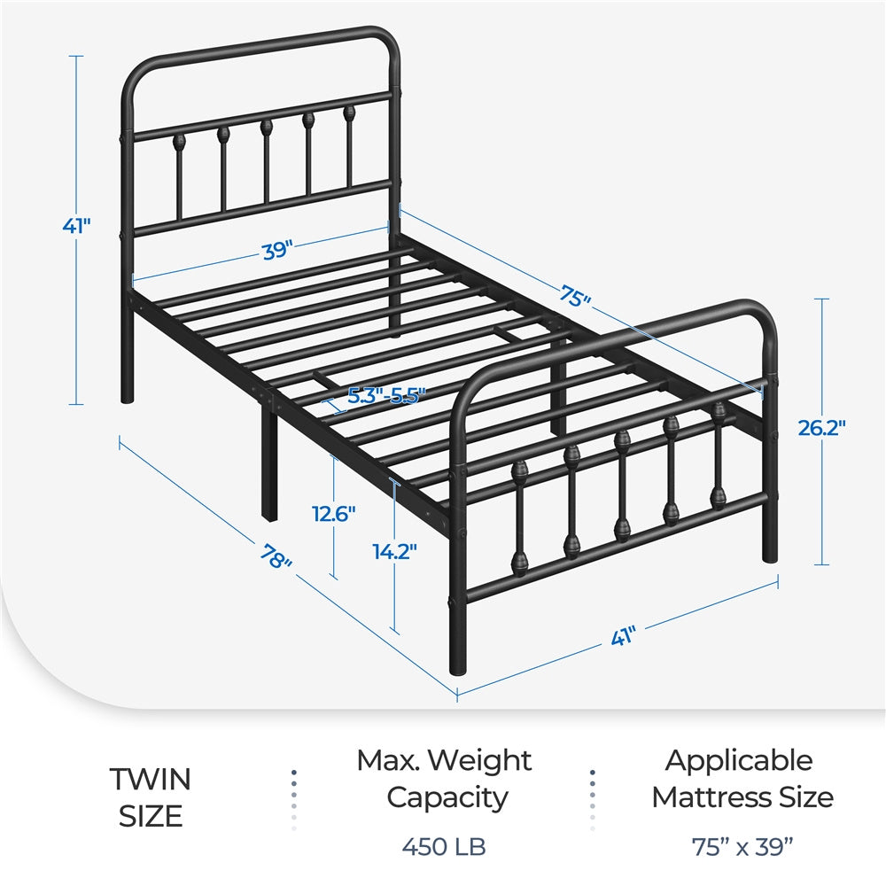 ALDEN DESIGN Bed Frame, Classic Iron Platform Bed with High Headboard and Footboard, Slatted Bed Base, Mattress Foundation, Farmhouse Platform Bed, Strong Metal-Framed Bed with Storage, Black/White, Twin/Full/Queen Size