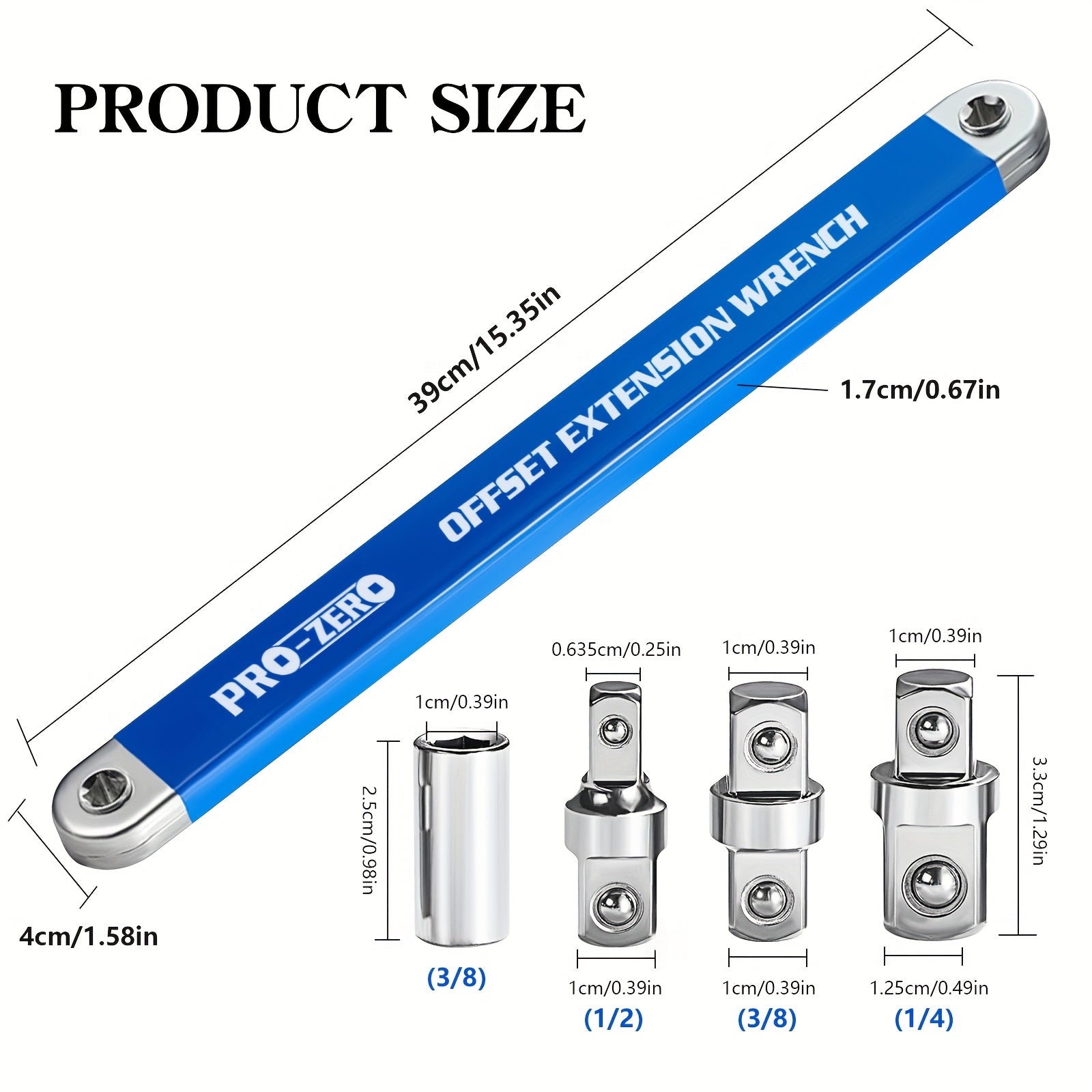 2-in-1 Multi-Function Ratchet Offset Extension Wrench with 1/2", 1/4" and 3/8" Square Head Adapters for Tight Spaces, 180 Degree Swivel, High Torque, Non-Slip Handle, Durable Metal